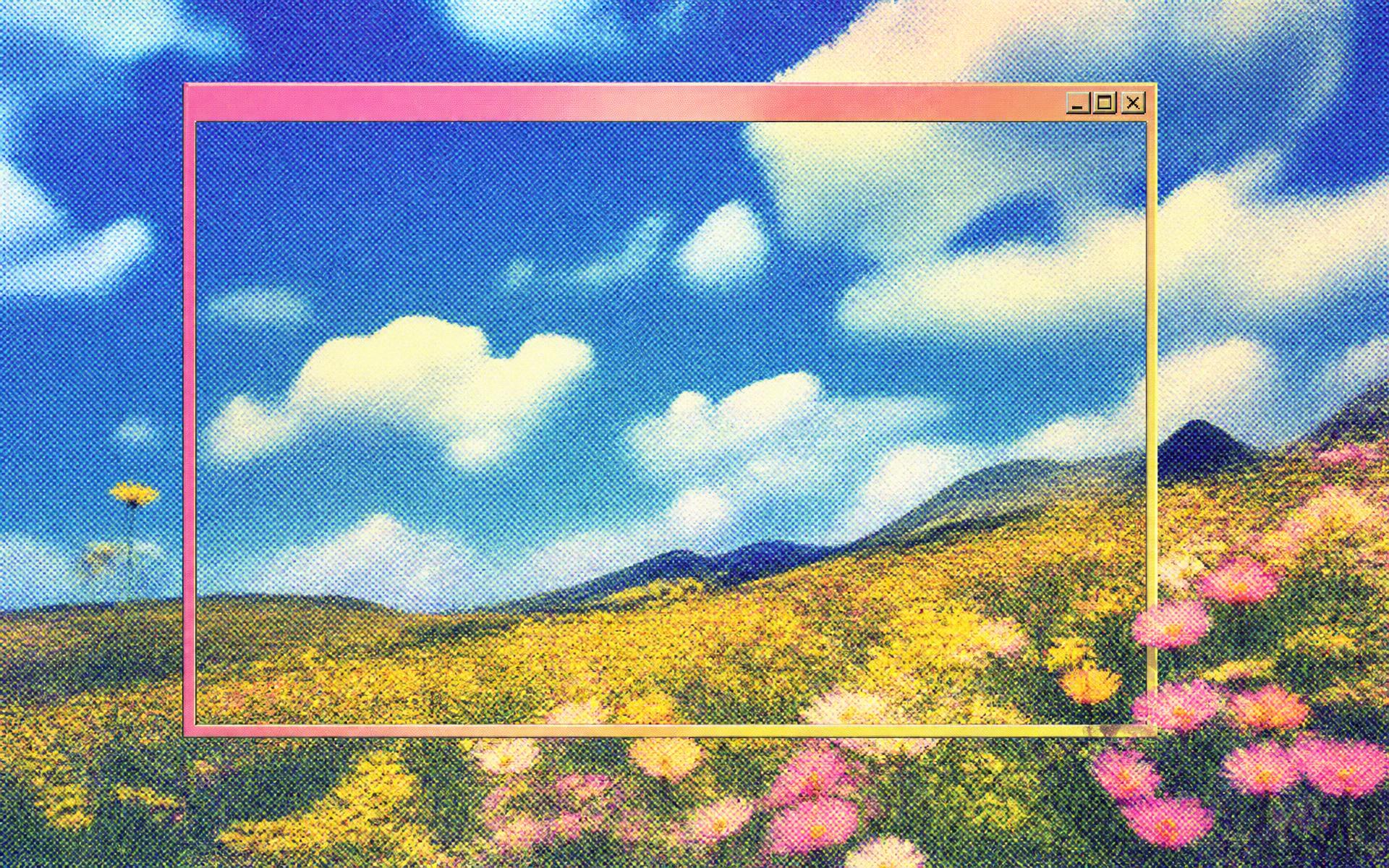 Retro digital collage of a wildflower meadow under a wide blue sky